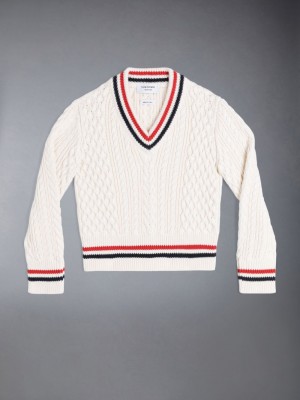 Thom Browne ARAN CABLE CRICKET STRIPE V-NECK Boys's Pullover White | VHT18X75917