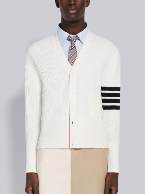 Thom Browne Baby Cable Rib Cotton 4-Bar V-Neck Men Cardigan White | WRR72V20783