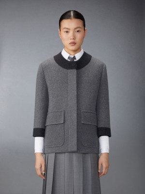 Thom Browne Boiled Merino Wool Double Face Stitch Women Cardigan Grey | PHU13N14784