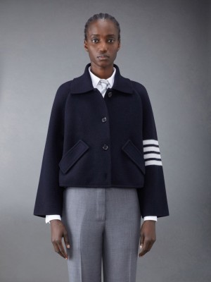 Thom Browne Boiled Wool Milano 4-Bar Cropped Car Women Coats Blue | DMW78I09029