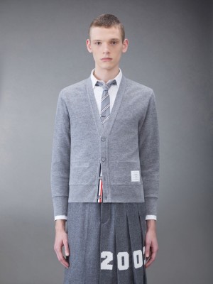 Thom Browne CASHMERE PIQUE 2003 V-NECK Men Cardigan Grey | TYJ47N38059