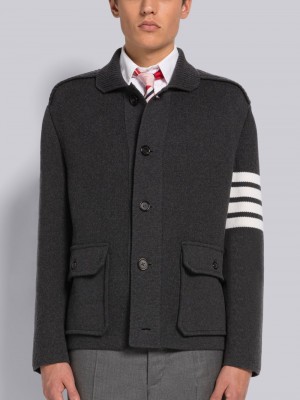 Thom Browne COTTON CASHMERE INTERLOCK 4-BAR POLO COLLAR Men Jackets Grey | XNO48B00333