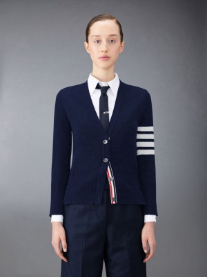 Thom Browne Cashmere 4-Bar Classic V-Neck Women Cardigan Blue | FHI12R49607