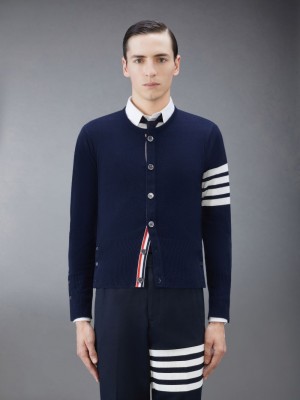 Thom Browne Cashmere 4-Bar Crew Neck Men Cardigan Blue | XGS26H02378