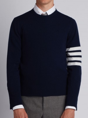 Thom Browne Cashmere 4-bar Short Crew Neck Men Pullover Navy | ZTD20O41943