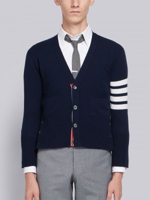 Thom Browne Cashmere 4-bar Short V-neck Men Cardigan Navy | CKD97H28829