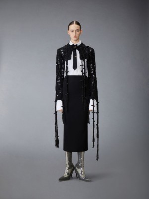 Thom Browne Cashmere Silk Cable Ladder Stitch Cropped Crewneck Women Cardigan Black | GSR01O68570