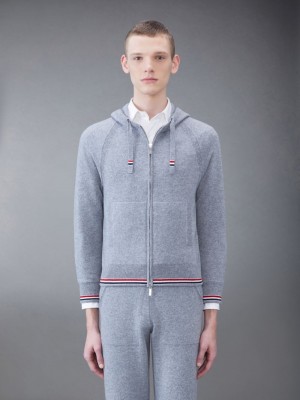 Thom Browne Cashmere Stripe Zip Front Men Hoodie Grey | HYW56X02137