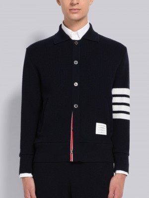 Thom Browne Cashmere Waffle 4-Bar Jacket Men Cardigan Blue | NLP73S99344