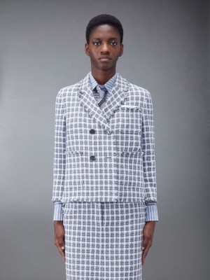 Thom Browne Check Summer Tweed Fray Cropped Sack Sport Women Coats Grey | LMK22X31517