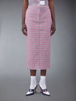 Thom Browne Check Summer Tweed Fray Maxi Low Rise Pencil Women Skirts White | JKR18L42271