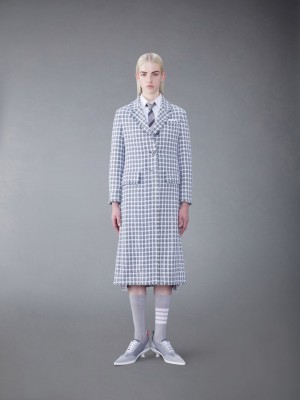 Thom Browne Check Summer Tweed Fray Wide Lapel Women Coats Grey | GNE45H57390