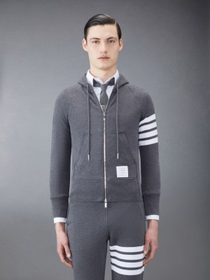 Thom Browne Classic Loopback 4-Bar Full Zip Men Hoodie Grey | JKF44V87991