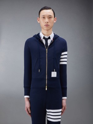 Thom Browne Classic Loopback 4-Bar Full Zip Men Hoodie Blue | IJZ87F97170