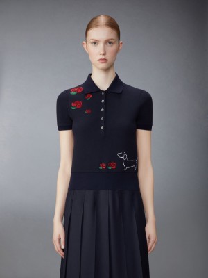 Thom Browne Classic Pique Hector & Rose Rib Cuff Women Polo Shirt Blue | OYC52X29535