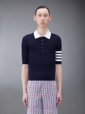 Thom Browne Cotton 4-Bar Cable Men Polo Shirt Blue | JEX03K27850