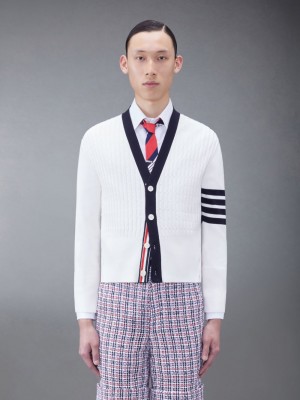 Thom Browne Cotton 4-Bar V-Neck Cable Men Cardigan White | IFB56J30791