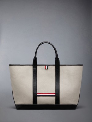 Thom Browne Cotton Canvas Leather Medium Tool Men Tote Bags Beige | NHD09Y41101