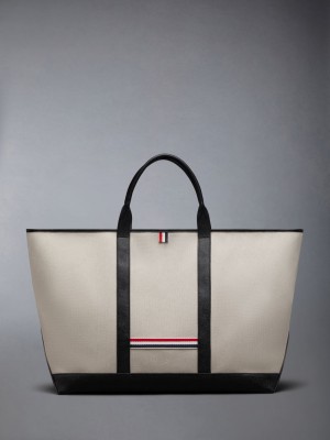 Thom Browne Cotton Canvas Leather Oversized Tool Women Tote Bags Beige | JEZ91A26972