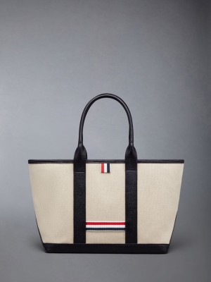 Thom Browne Cotton Canvas Leather Small Tool Men Tote Bags Beige | KTX44W93487