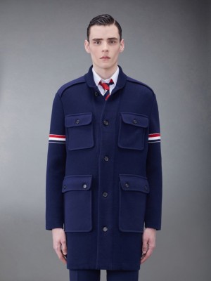 Thom Browne Cotton Cashmere Shawl Collar Armband Men Coats Blue | JRI00M39384