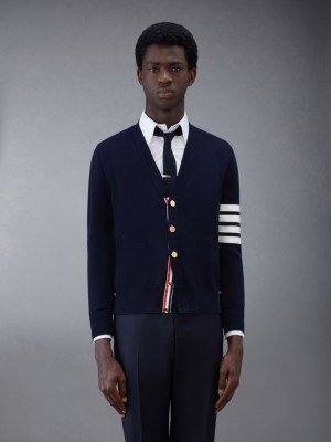 Thom Browne Cotton Crepe V-Neck Men Cardigan Blue | BJK79I69623