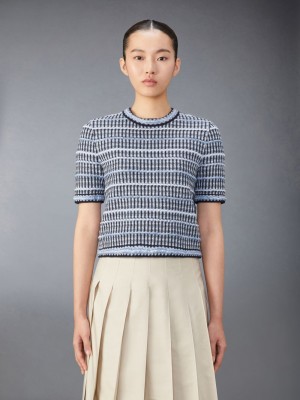 Thom Browne Cotton Linen Tweed Jacquard Women T Shirts Blue | EGV69B83806