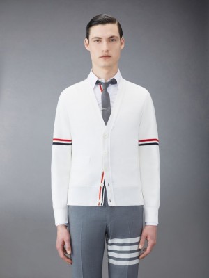 Thom Browne Cotton Milano V-Neck Men Cardigan White | TZT60A14157