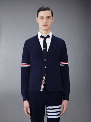 Thom Browne Cotton Milano V-Neck Men Cardigan Blue | SNL50K13665