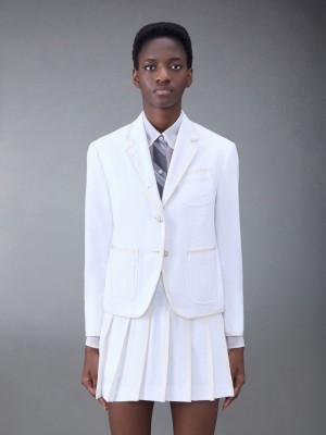 Thom Browne Cotton Seersucker Shrunken Sack Tipping Sport Women Coats White | HZJ94H21445