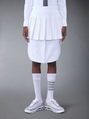 Thom Browne Cotton Seersucker Tipping Pleated Mini Women Skirts White | CGV97E76047