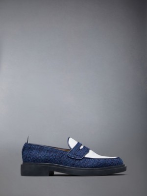 Thom Browne Cotton Tweed Lightweight Rubber Sole Classic Penny Women Loafers Blue | AUJ82P91273