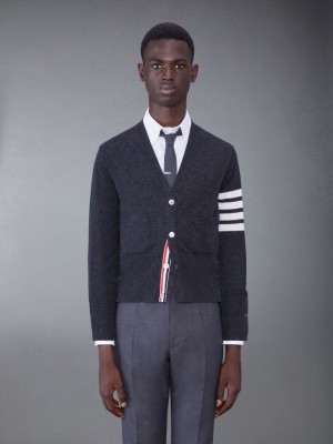 Thom Browne Dark Cashmere 4-bar V-neck Men Cardigan Grey | JWW07U05273