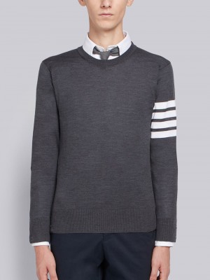 Thom Browne Dark Fine Merino Wool 4-Bar Crew Neck Men Pullover Grey | NZF21Z45605