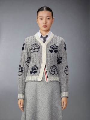 Thom Browne Donegal Cable Check and Rose Cropped Crew Neck Women Cardigan Grey | JPA68E69576