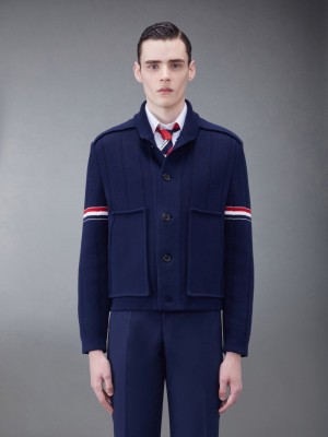 Thom Browne Double Face Cotton Cashmere Shawl Collar Men Jackets Blue | UVV89D53678