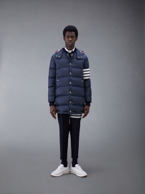 Thom Browne Downfilled Nylon 4-Bar Hooded Men Coats Blue | EAY38X56639