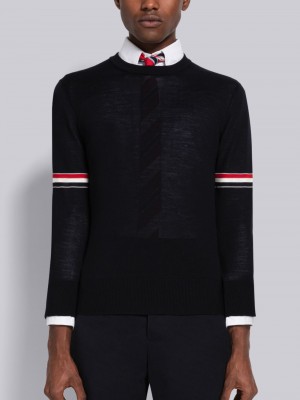 Thom Browne Fine Merino Stripe Relaxed Crew Neck Men Cardigan Blue | RYB41V90901