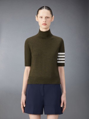 Thom Browne Fine Merino Wool 4-Bar Relaxed Fit Turtleneck Women T Shirts Green | HPT88Q65054