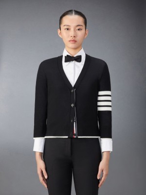 Thom Browne Fine Merino Wool 4-Bar Relaxed Fit Women Cardigan Black | ZZS71W97276