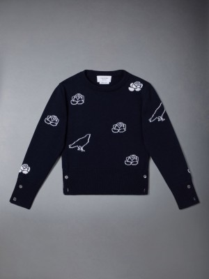 Thom Browne Fine Merino Wool Rose and Raven Boys's Pullover Blue | WNM38Q21915