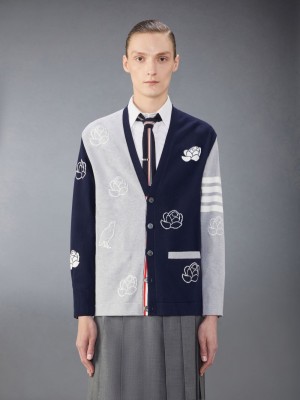 Thom Browne Funmix Cotton 4-Bar Rose and Raven Men Cardigan Blue | NPB10D87375