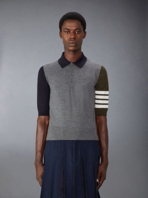 Thom Browne Funmix Fine Merino Wool 4-Bar Relaxed Fit Men Polo Shirt Blue | RLX97D51316