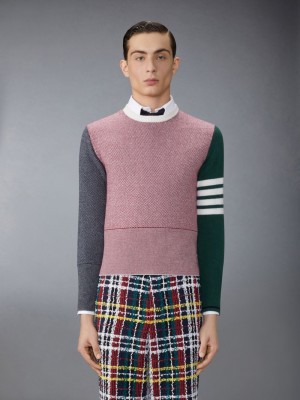 Thom Browne Funmix Merino Wool Herringbone Float Jacquard 4-Bar Classic Crew Neck Men Pullover Red | RZS71J39192