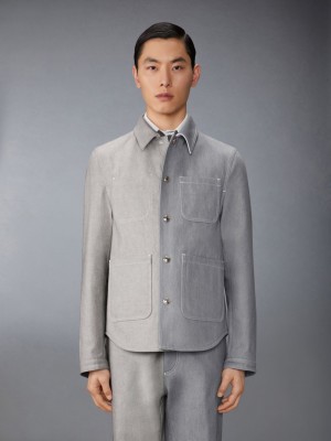 Thom Browne Funmix Washed Denim Contrast Topstitching Utility Patch Pocket Men Jackets Grey | WRT55U17218