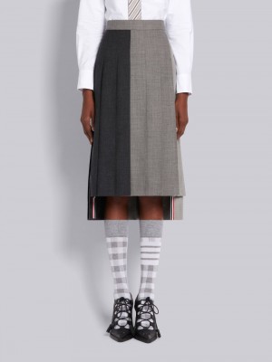 Thom Browne Grey Fun-Mix Wool 2 Ply Fresco Below Knee Classic Pleated Women Skirts Grey | YQU08D82814