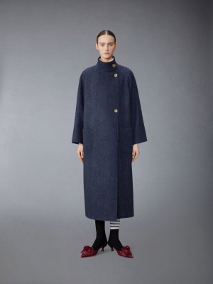 Thom Browne Herringbone Harris Tweed Midi Raglan Funnel Neck Women Coats Blue | GZW85A63780