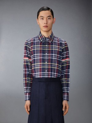 Thom Browne Hunting Tartan Cotton Flannel Armband Men Shirts Blue | ZMQ85C91400