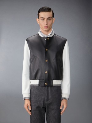 Thom Browne Lamb Grained Leather Contrast Topstitching Blouson Men Jackets Black | PBN19K36271