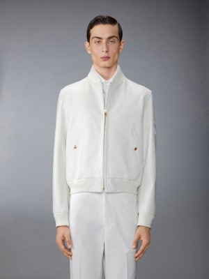 Thom Browne Lamb Grained Leather and Knit Rib Flag Patch Blouson Men Jackets White | NFN87J76042